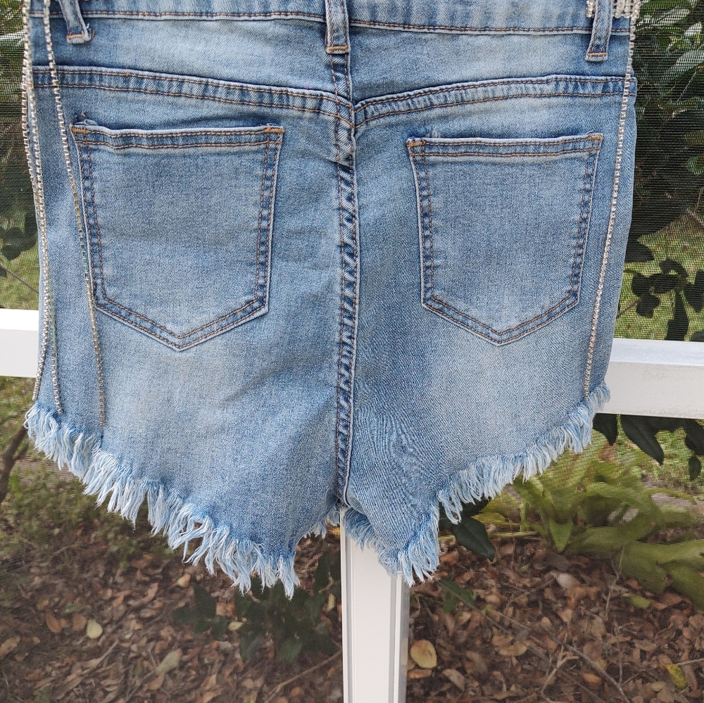 High waisted distressed rhinestone fringe jean shorts - Picture 12 of 16